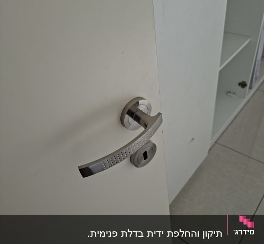 ידית דלת מתכתית על דלת לבנה